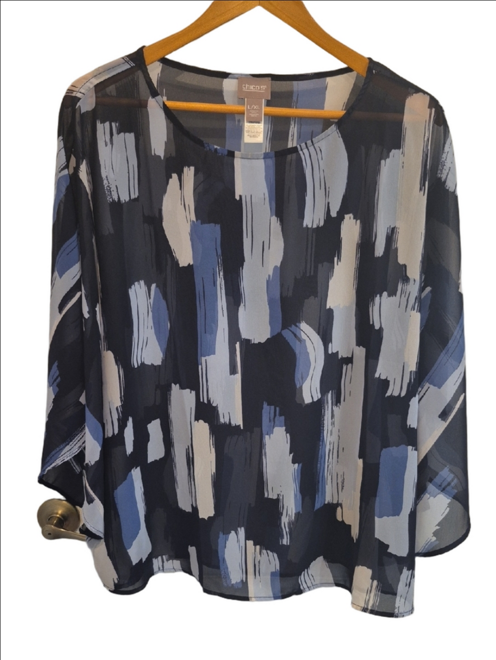 Chico's Navy, Light Blue & White Sheer Brushstroke Blouse Or Poncho